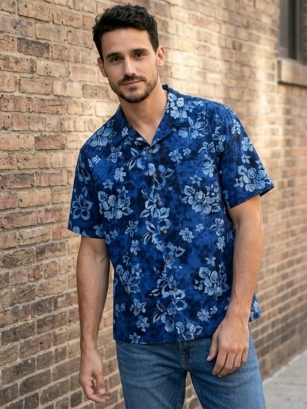 Lands’ End - Blue Floral Hawaiian Shirt -‎ Short Sleeve Button-Up - Size XXL
